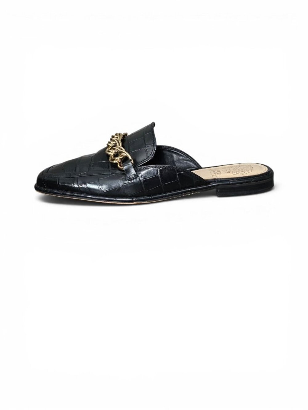 Vince Camuto Rachey Black Croc Embossed Leather Chain Mules Slip on Loafer 8